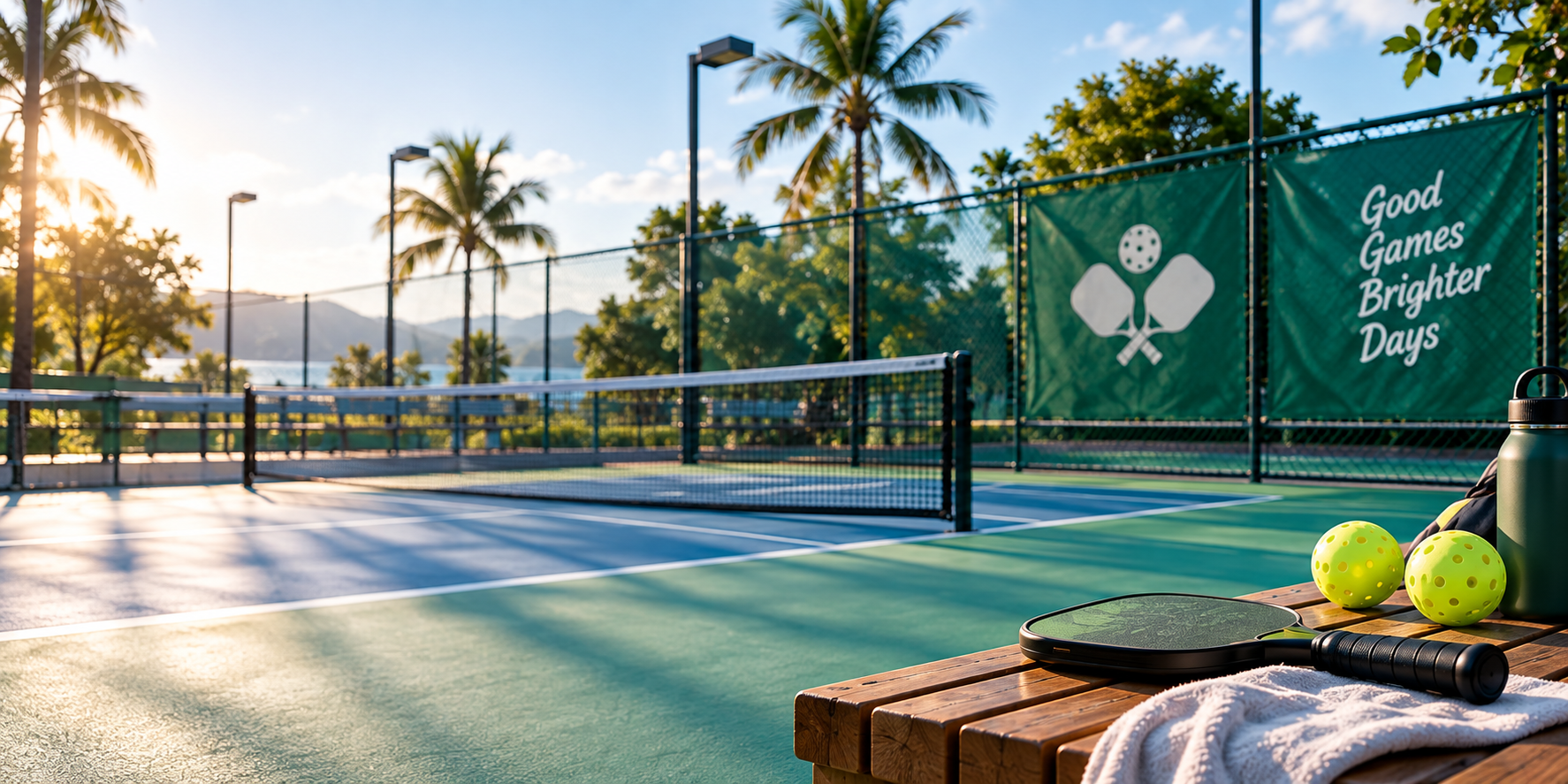 Pickleball court with paddle and balls
